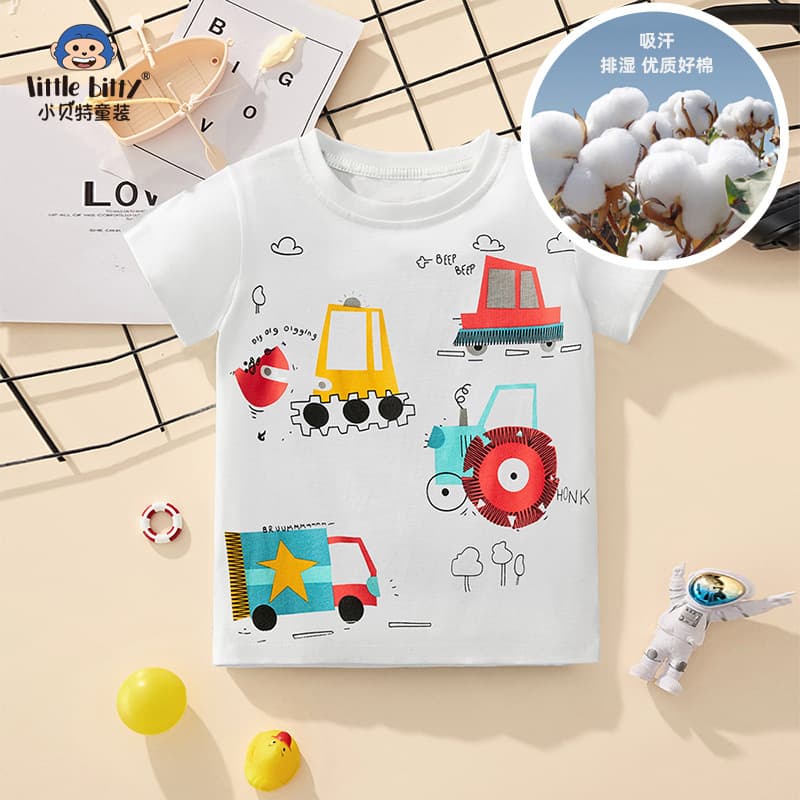 Little Bitty Summer Children's T-Shirt Short Sleeve Boys' Clothes Soft Cotton Moisture Wicking Round Neck Print Design