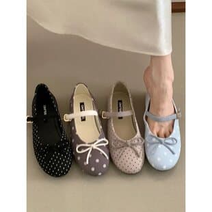 French Bow Polka Dot Mary Jane Shoes Women 2026 New Style Shallow Mouth Round Toe Dress Shoes Ballet Shoes Evening Single Shoes