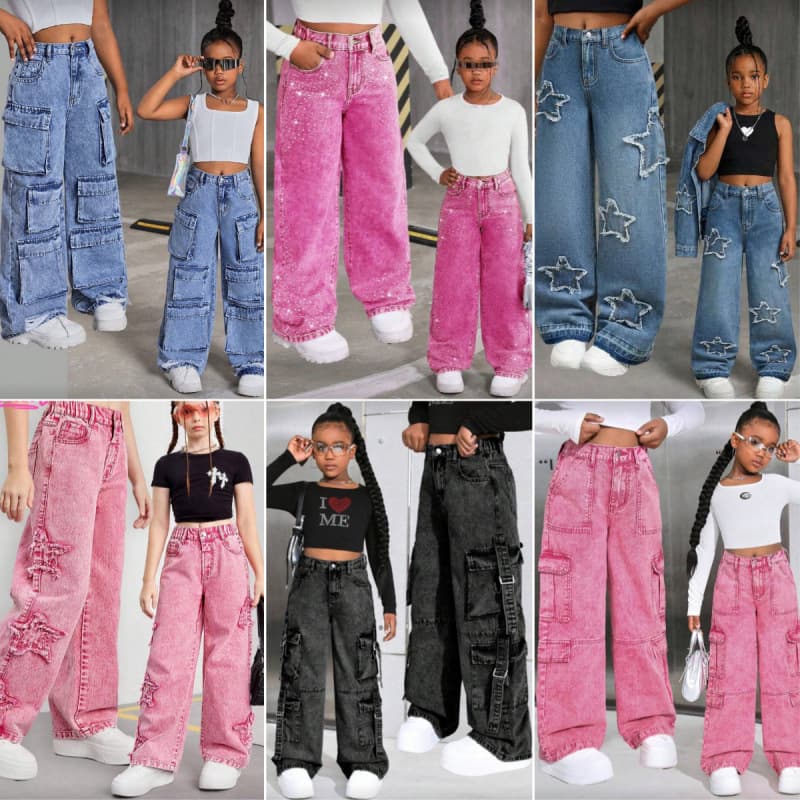 Children's jeans mid-to-large girls' jeans in stock cargo jean for kids girl