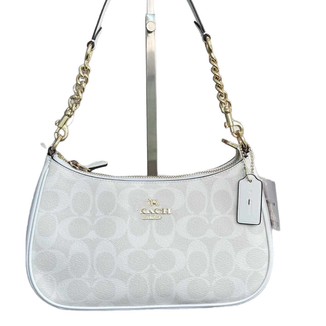 Carteri Genuine Leather Classic Monogram Crescent Bag, Shoulder Chain Crossbody Bag, Polyester Women's Handbag