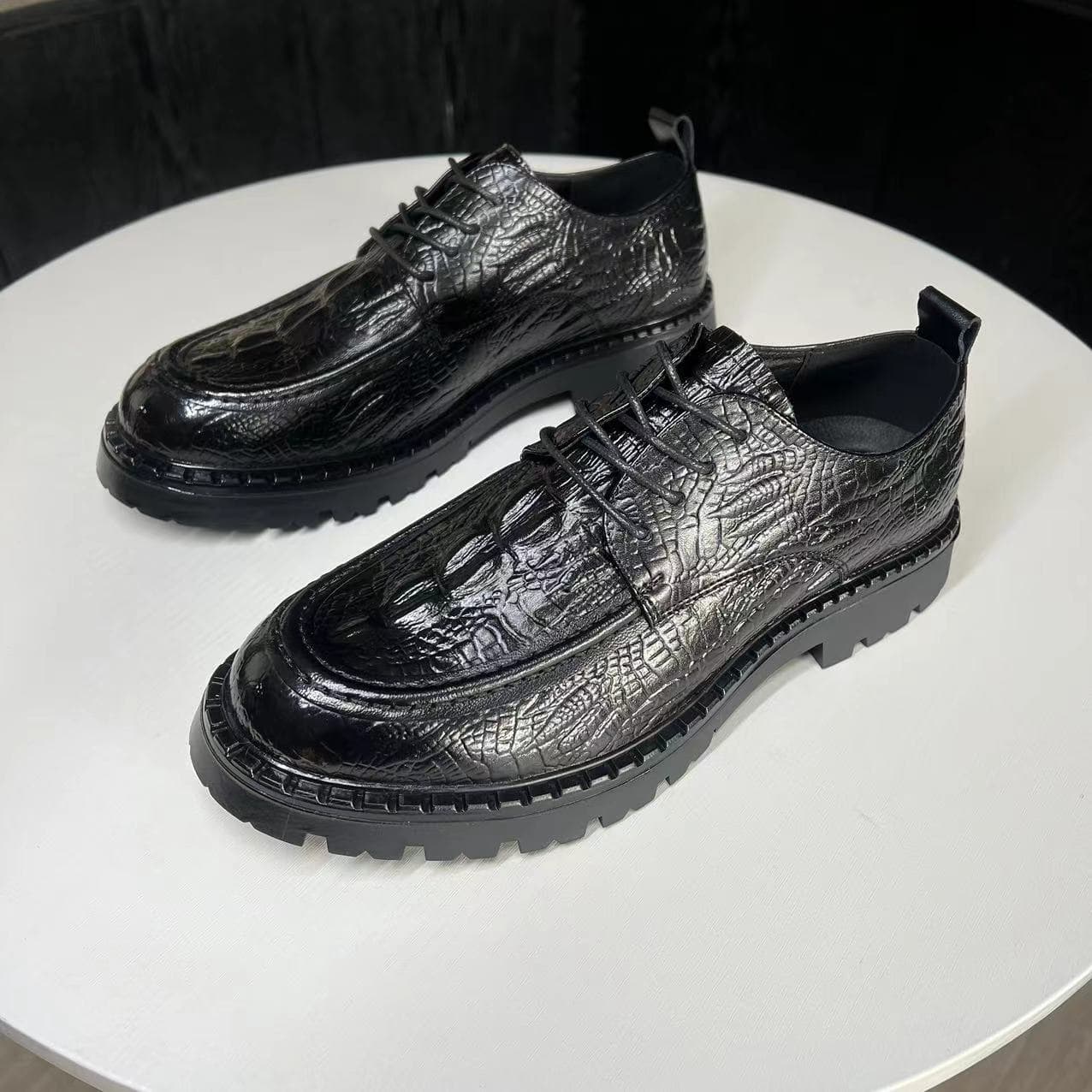 European and American Men's Genuine Leather Business Casual Shoes, Cowhide Embossed Crocodile Pattern, Thick Sole Height-Increasing Black Leather Shoes, Wedding Shoes for Men