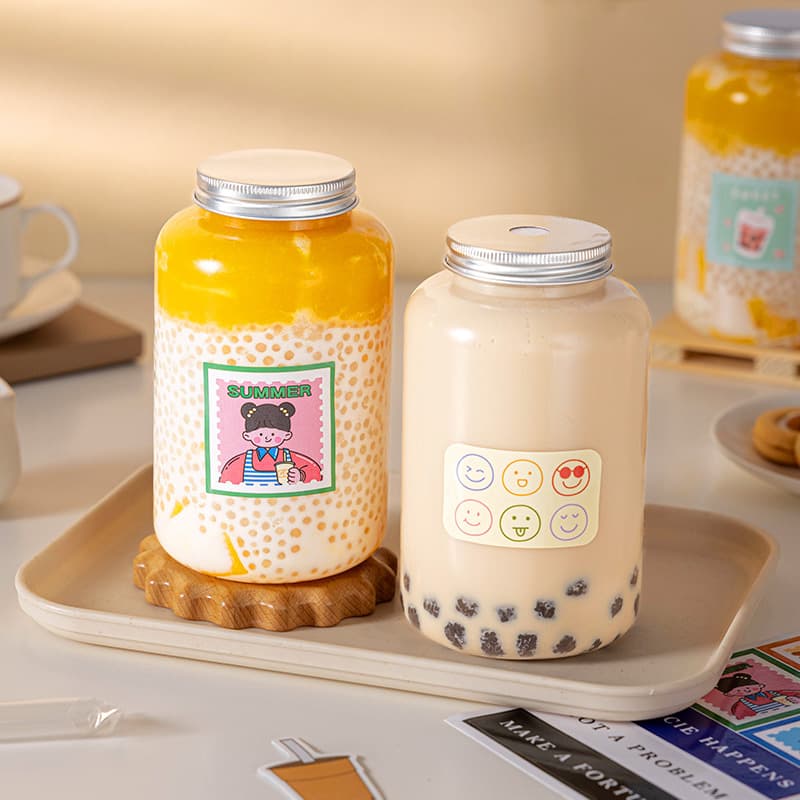 Plastic Bottle with Lid, Mango Pomelo Sago Drink Bottle, Reusable Transparent 550ml Juice Bottle, PP Sticker