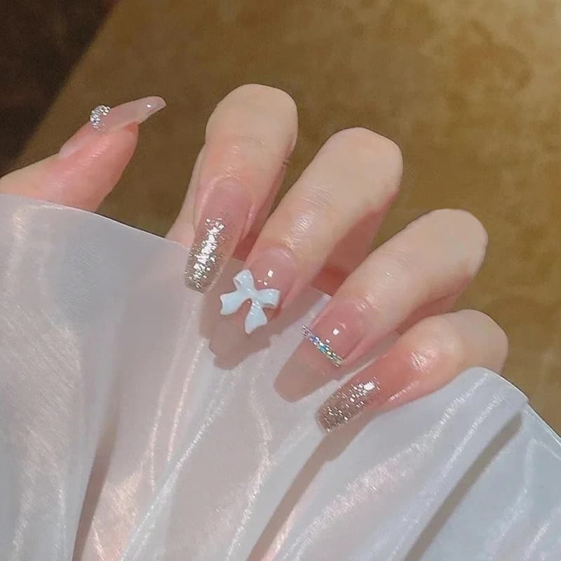 Pure lust style bow removable ribbon pearl gentle nude color whitening finished manicure wear nail patch wholesale