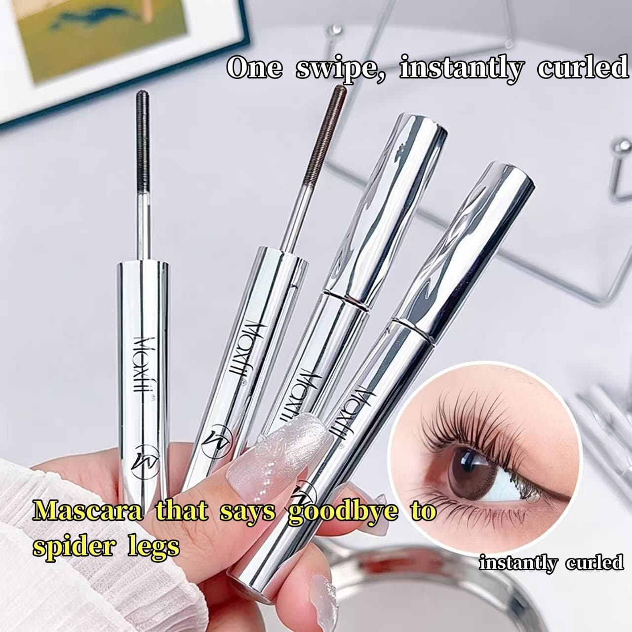 Cross-Border Steel Tube Mascara for Naturally Thick, Long, and Curled Eyelashes, Waterproof and Sweat-Resistant, Small Silver Tube Eyelash Brush