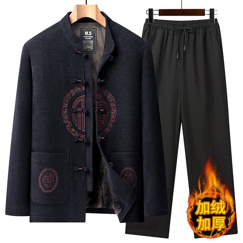 Chinese-style winter Tang suit for middle-aged and elderly men, summer set for dad and grandpa, Chinese-style frog buttons, elegant solid color embroidery