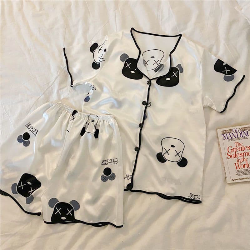 Women's Summer Ice Silk Short Sleeve Two-Piece Pajama Set, Cute Korean Cartoon Student Thin Loose Fit Plus Size Homewear
