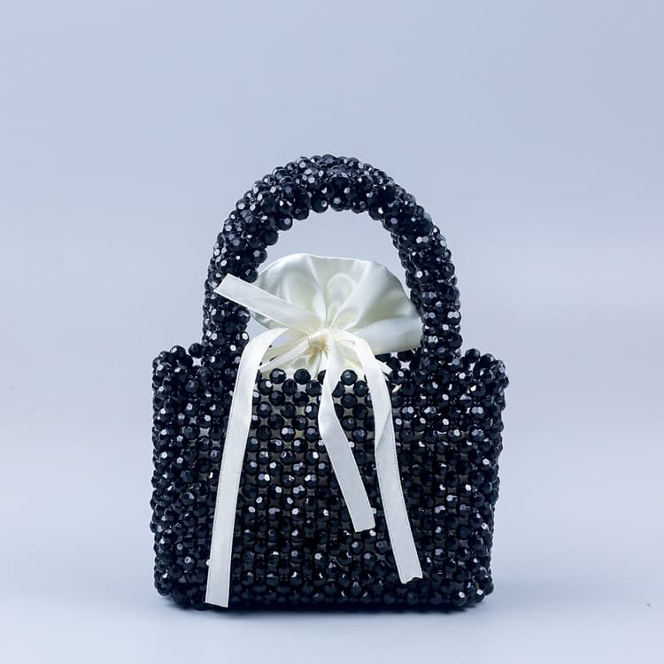 New Fashion Acrylic Black Corner Bead Handbag Handmade Beaded Woven Versatile Square Bag for Banquets