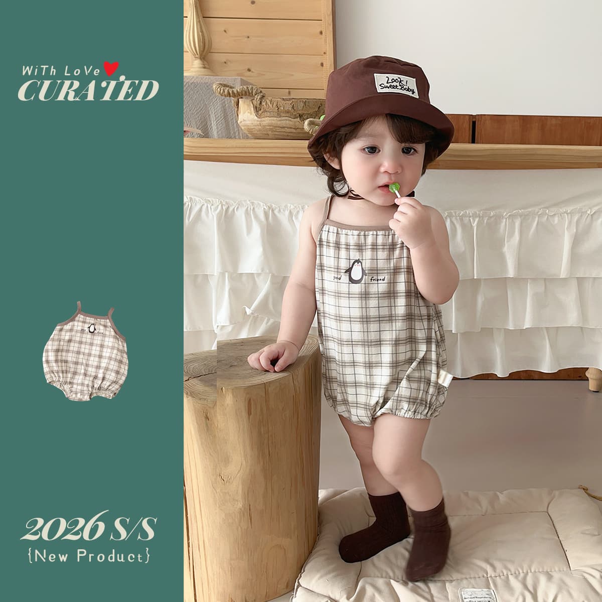 Baby sling bag fart clothes for boys baby plaid jumpsuit cartoon Korean summer thin crawling suit little boy harem