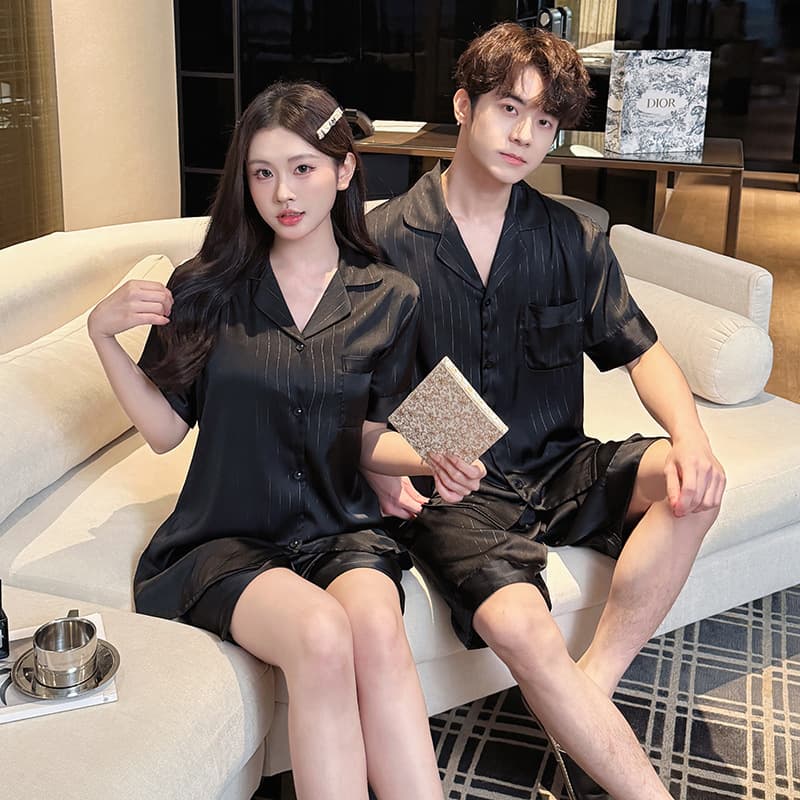 2026 Spring/Summer Ice Silk Silver-Printed Couple Pajamas New Style Ice Silk Wearable High-End Men's and Women's Loungewear