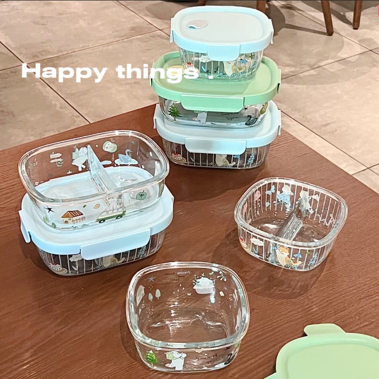 Lamb and kitten glass lunch box microwave heating bowl office worker with lunch box separated lunch box wholesale