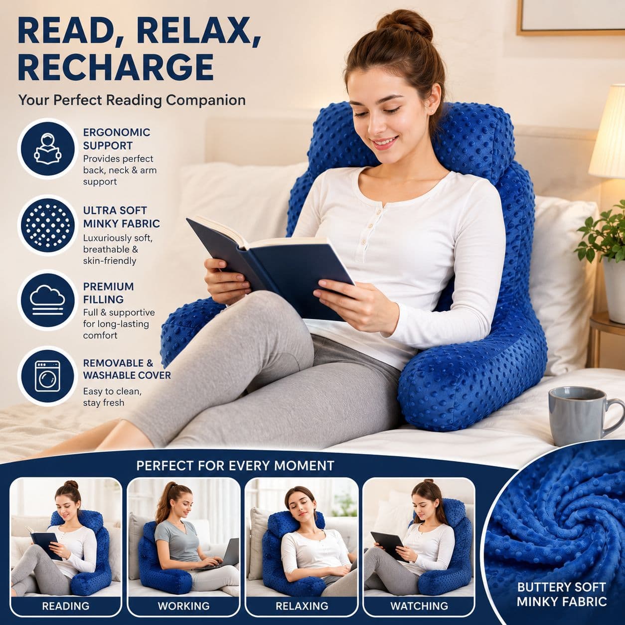Cross-border adult reading pillow with armrests, bedside pillow, soft bag support pillow, neck cushion, back pillow, sofa waist pillow