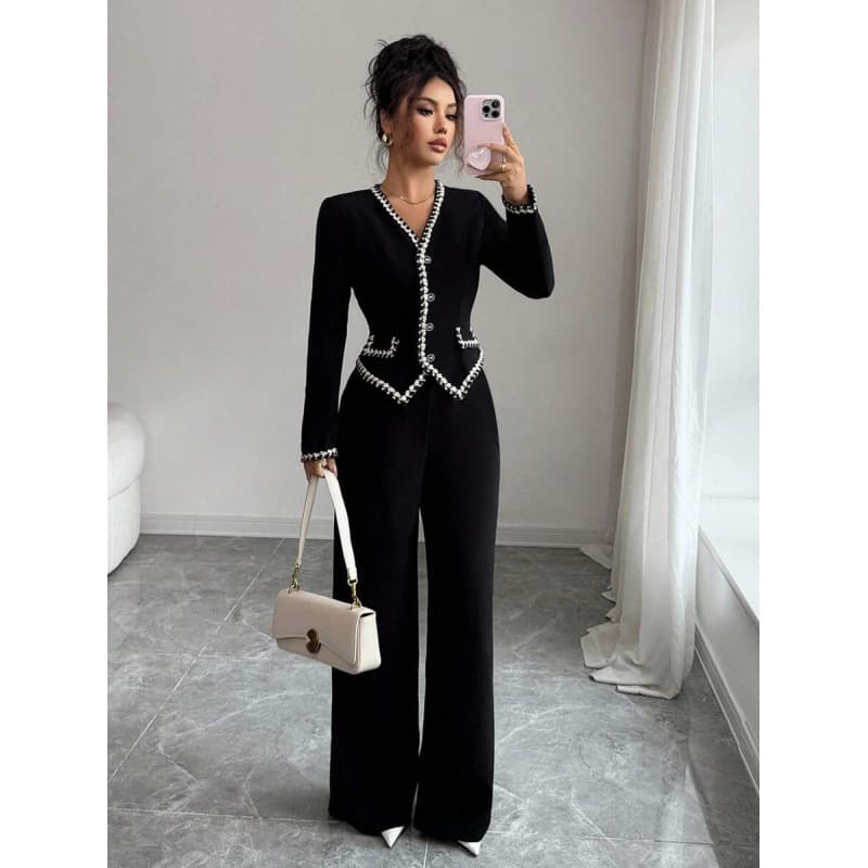 Cross-border Amazon European and American Elegant Retro V-Neck Button Long-Sleeve Blouse Contrast Color Casual Straight-Leg Pants Women's Two-Piece Set