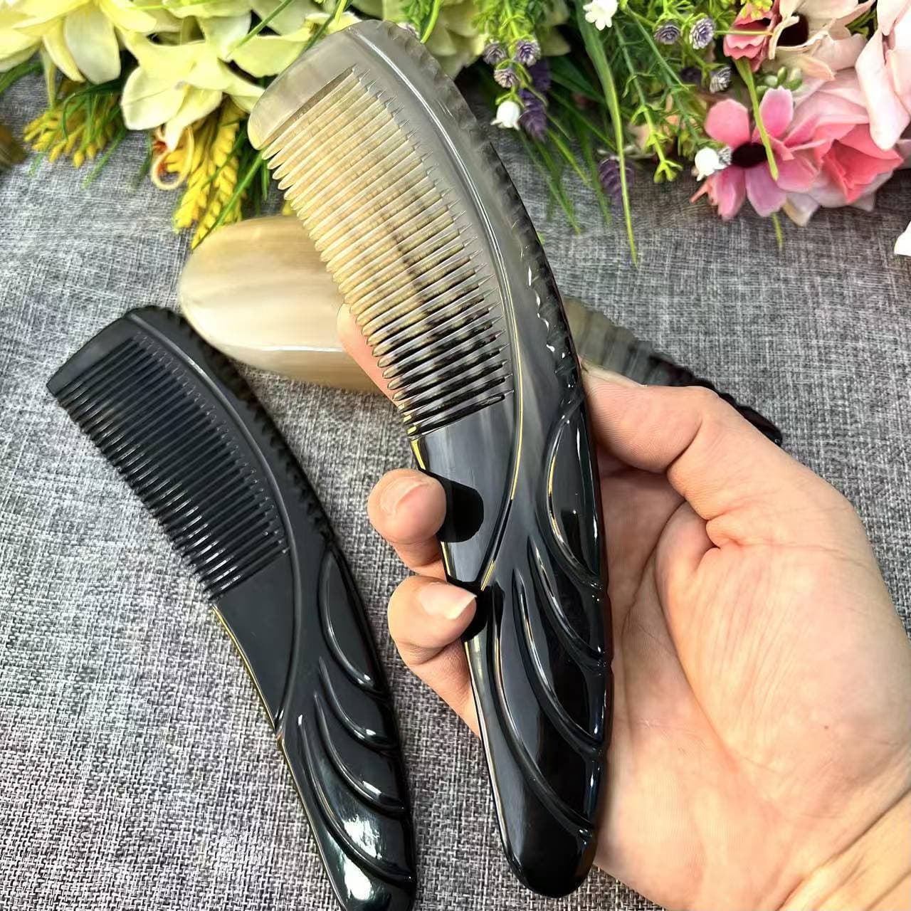 Natural yak horn combs for anti-static, hair loss prevention, smoothing, scalp massage, and gua sha, featuring pointed tail designs.