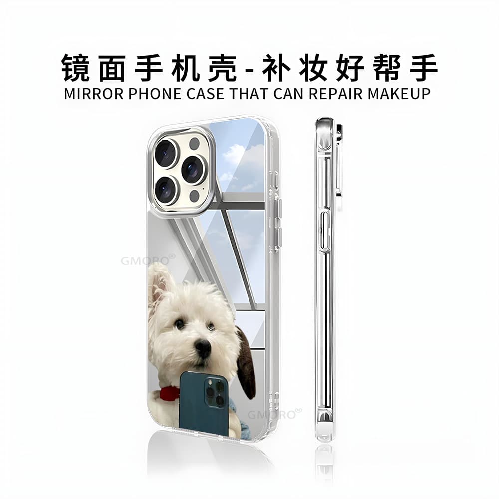 Cute puppy with mirror mobile phone case iPhone15 fashionable personalized mirror protective cover Apple 17pm makeup mirror
