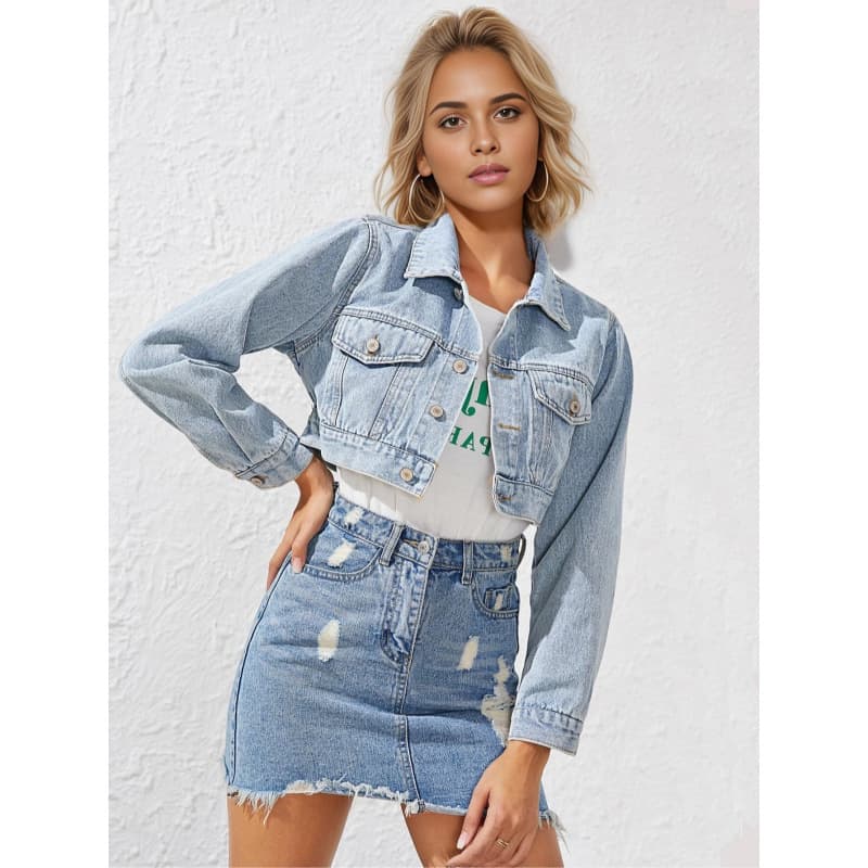 Amazon AliExpress Cross-Border Women's Fashion Notch Lapel Short Denim Jacket