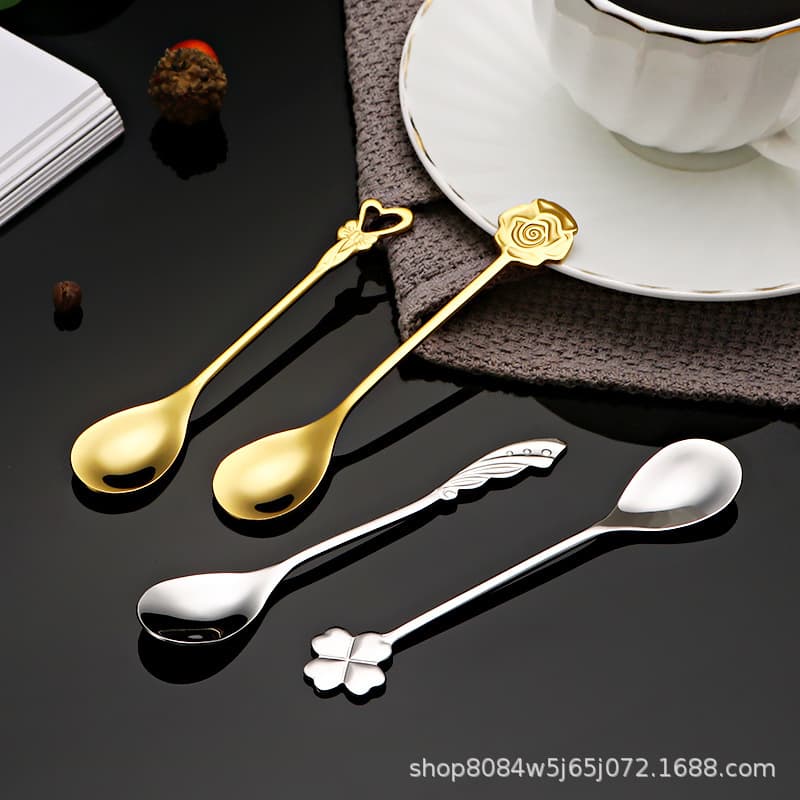 Cross-border 304 Stainless Steel Coffee Spoon Four-leaf Clover Bird's Nest Dessert Creative Heart Stirring Spoon Rose Spoon Wholesale