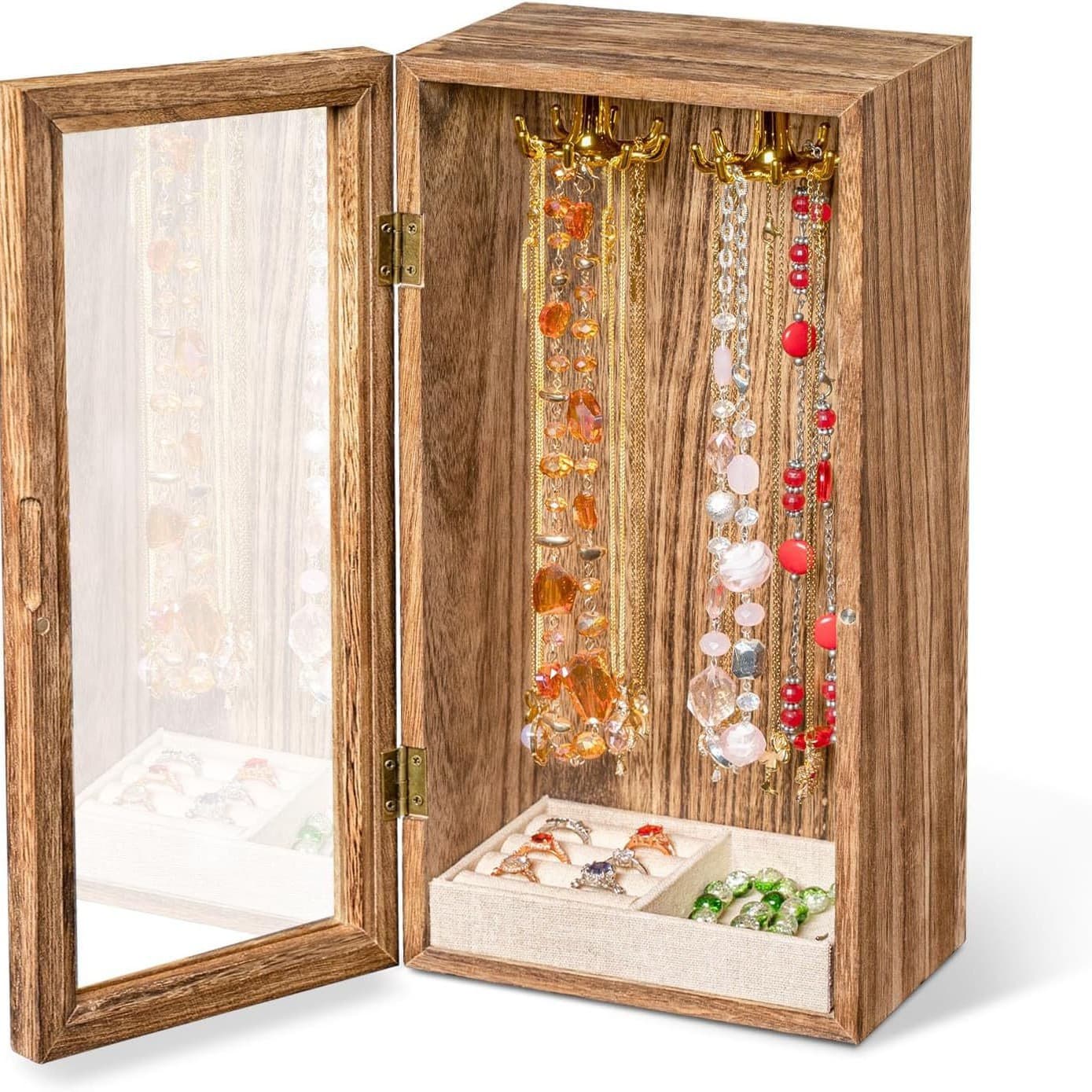 Wooden necklace organizer with ring tray, rotating necklace box for displaying jewelry.