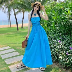 Vacation Style Blue Pleated Camisole Long Dress for Women Beach Dress Waist-Cinching Long Flared Skirt Cross-Border