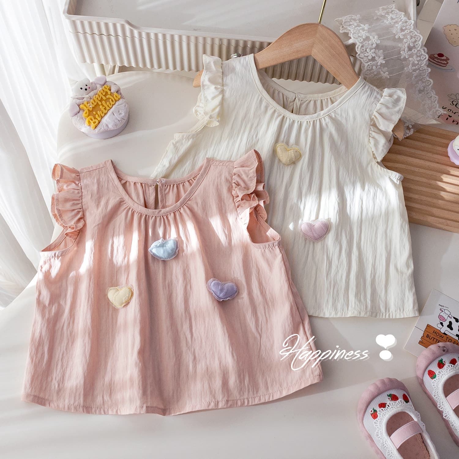 Girls Summer Vest Fashion 3D Heart Lace Sleeve T-Shirt Korean Style Trendy Top Baby Summer Sleeveless T-Shirt