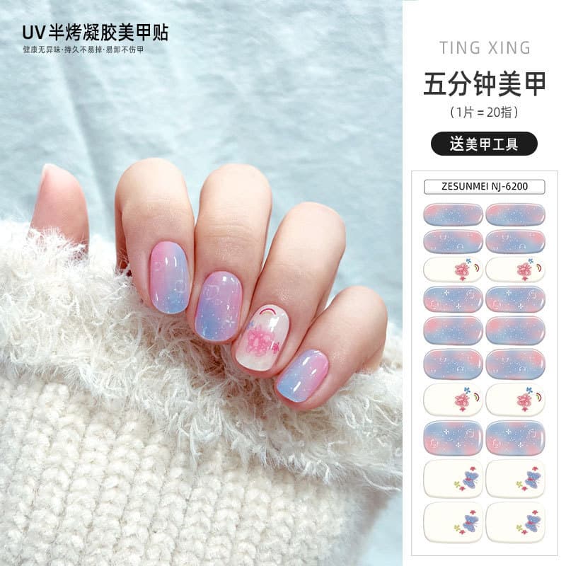 Cross-border wholesale gel semi-cured nail stickers, blooming waterproof semi-baked nail stickers, European and American UV light gel nail stickers