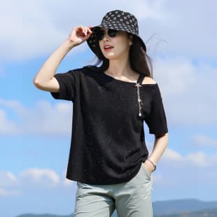 Plus Size Women's Summer Shiny T-Shirt, Off-Shoulder One-Shoulder Slant Neck Versatile Top 2024