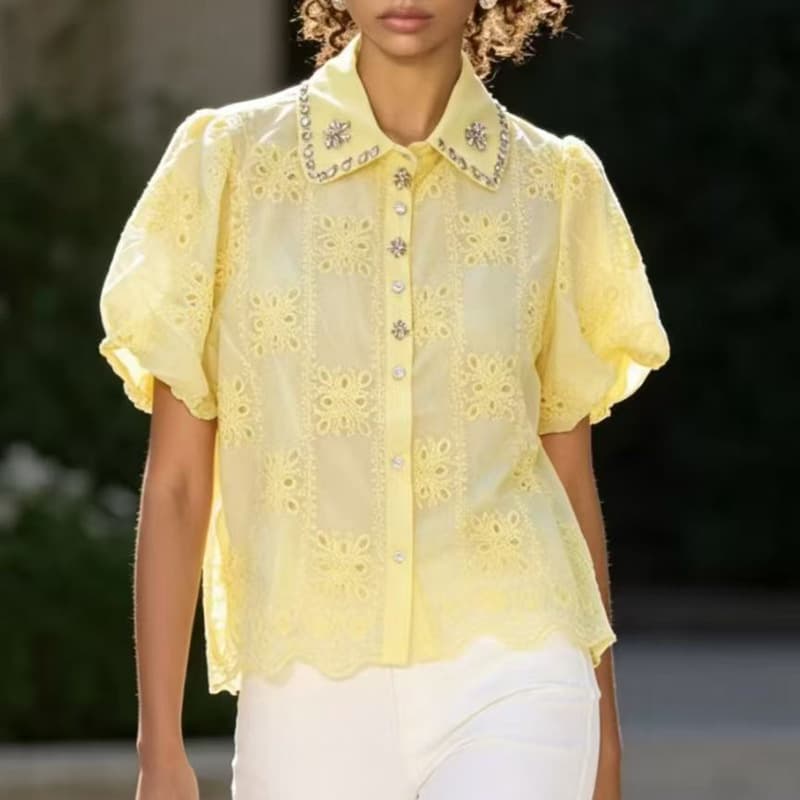 Light Luxury Heavy-Duty Rhinestone-Embellished Lapel Short-Sleeve Shirt for Women, Summer Loose-Fitting Slimming Top