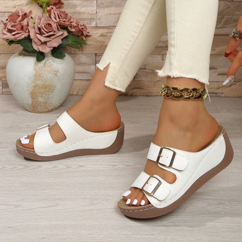 2026 Summer New Belt Buckle Thick Sole Slide Sandals Plus Size Wedge Heel Flip Flops Women Cross-border One-band Sandals 43