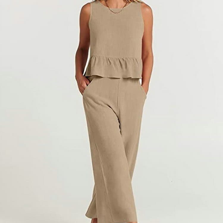 2025 Summer New Fashion Thin European and American Women's Solid Color Sleeveless Pleated Vest and Cropped Pants Casual Set
