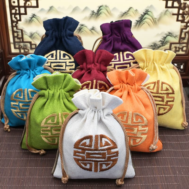 Cotton-linen printed wedding candy pouch, tie-style antique storage, religious supplies drawstring bag, bulk purchase