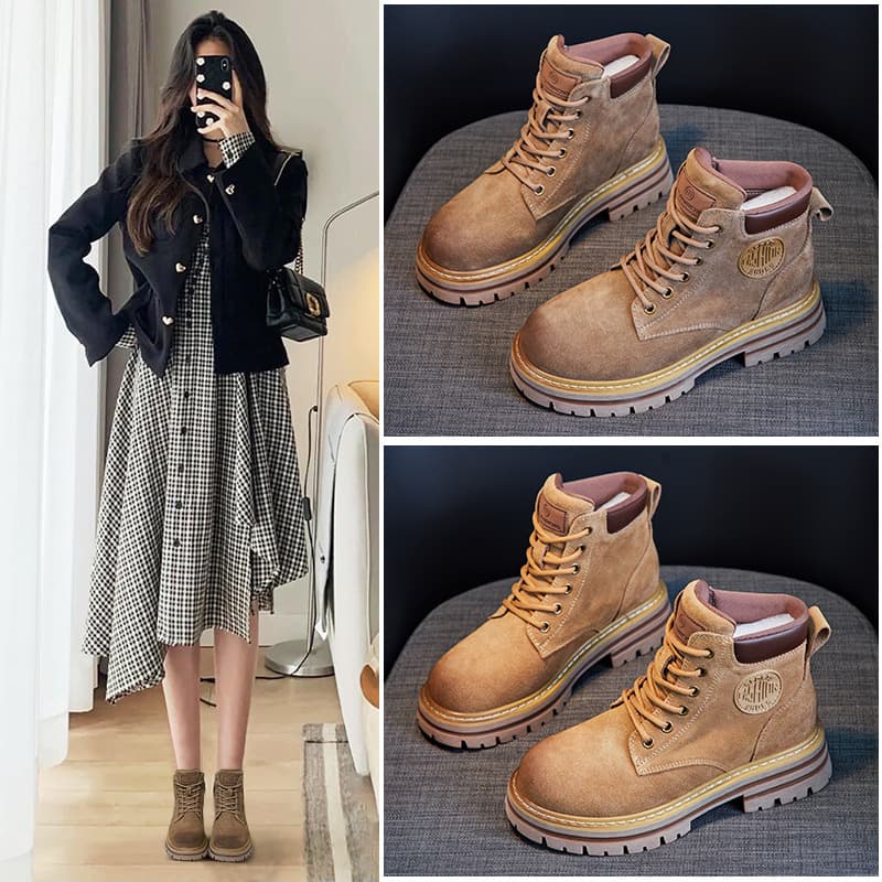 Genuine leather Martin boots for women in autumn and winter thick-soled retro British style short boots cow suede mid-calf boots Martin boots for women in spring