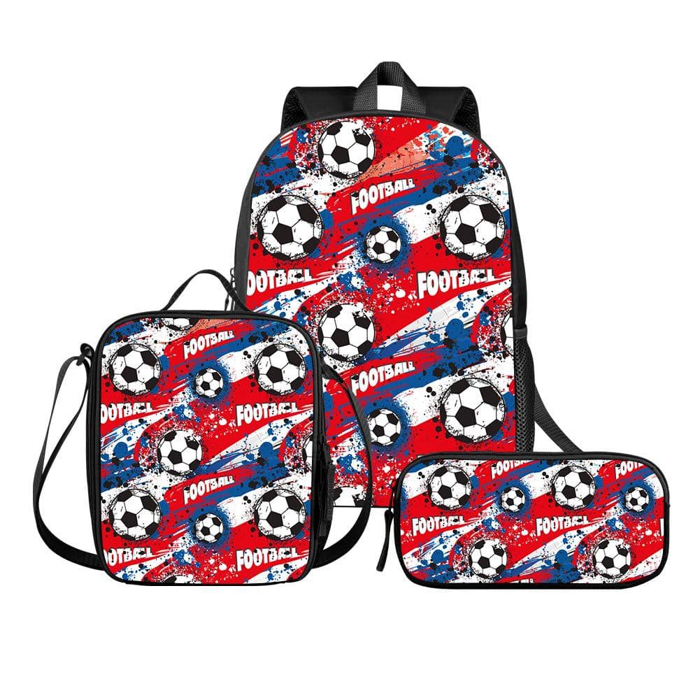 Football Three-Piece Set Black Backpack, Middle and Primary School Students' Crossbody Lunch Bag, Large-Capacity Pencil Case, Customizable Backpack