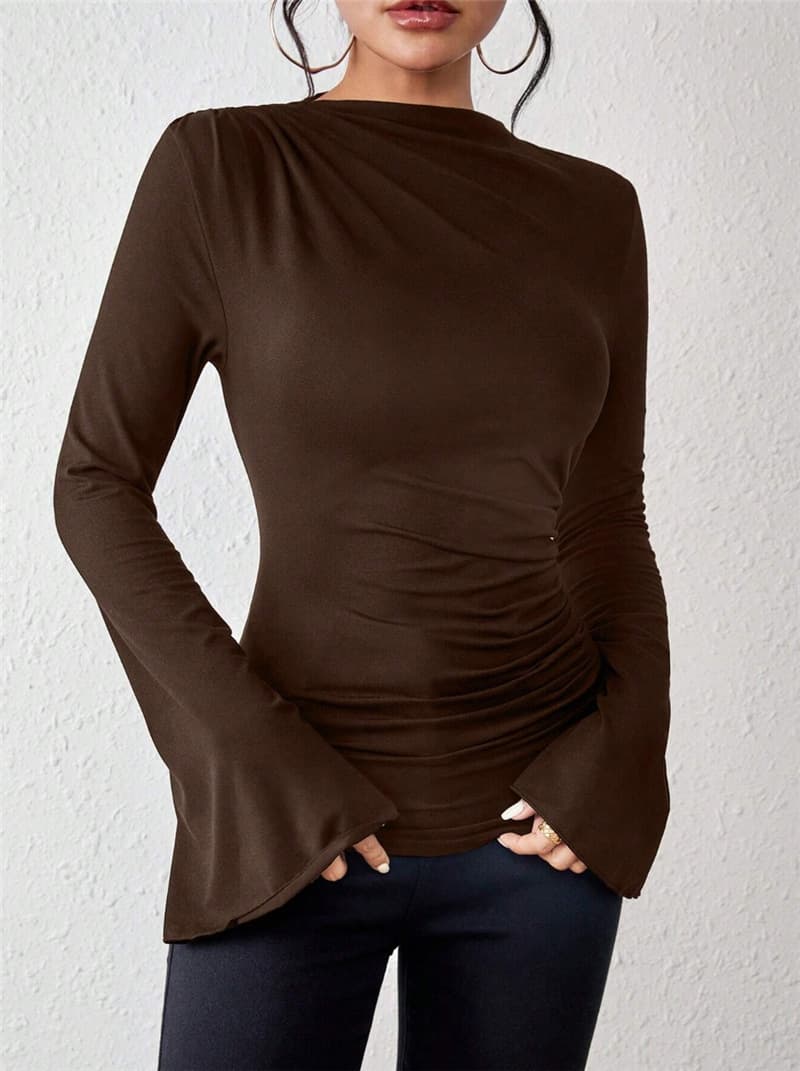 New Fall/Winter Versatile Pleated Flared Sleeve Stand Collar Slim Fit Women's T-Shirt with European and American Cross-Border Amazon Design