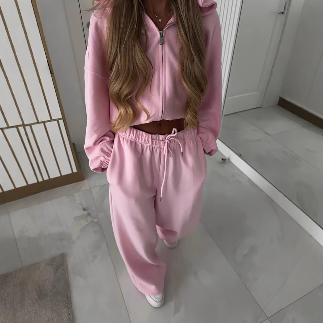 Cross-border Export Fashion Pink Hoodie Set for Women, Autumn High-end Feel Solid Color Versatile Long Pants Two-piece Set