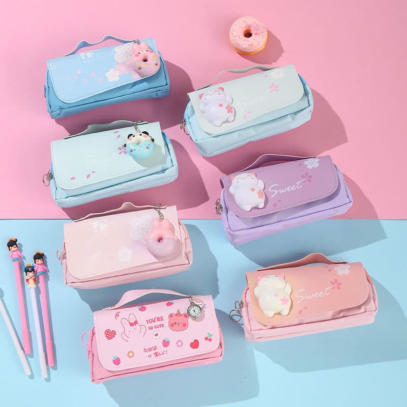 Decompression Donut Pencil Case, High-Fashion Three-Layer Large-Capacity Stationery Box, Handheld Oxford Cloth Pencil Bag Wholesale