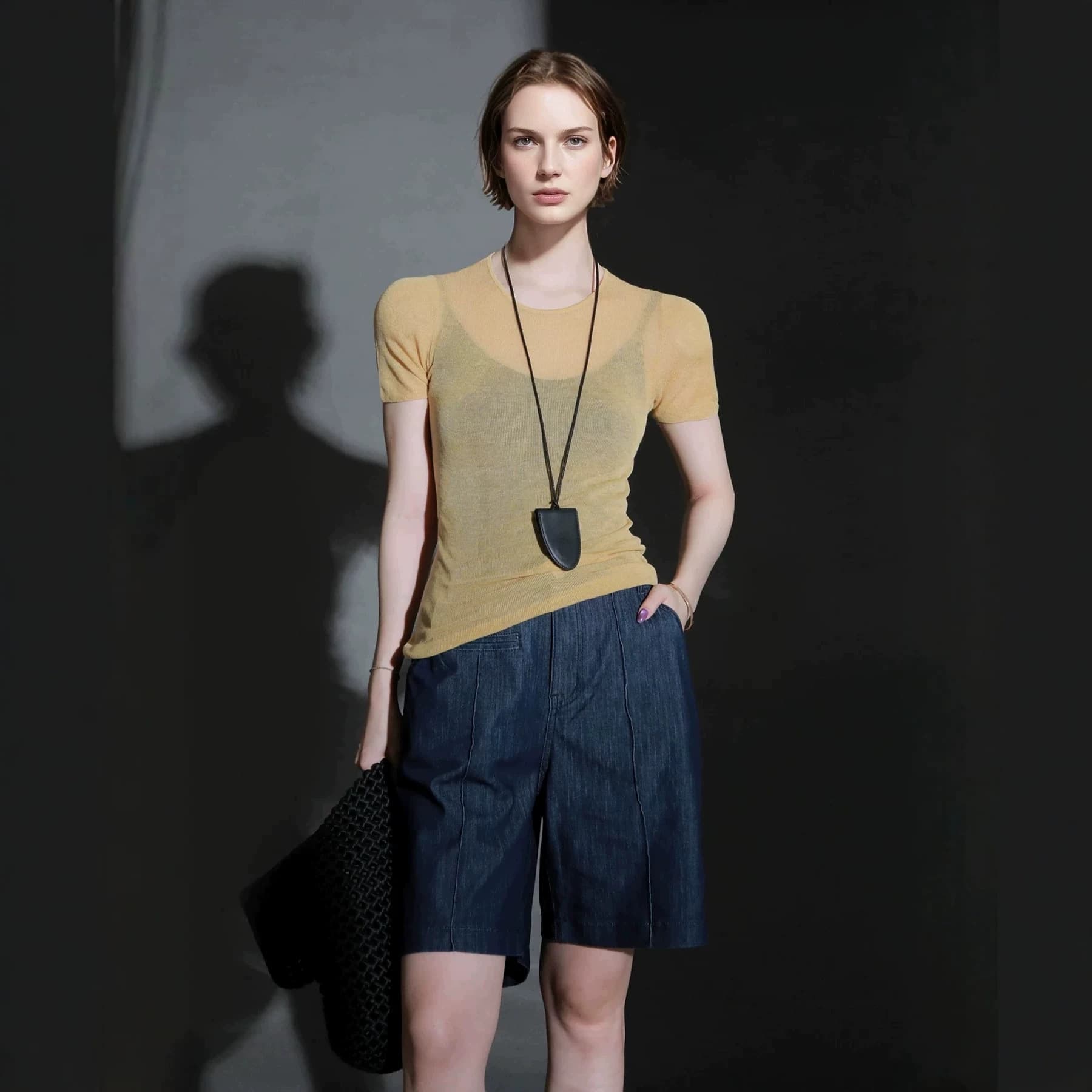 French high-waist shorts for small people, midline design, slim denim shorts, women's straight jeans, summer 2026