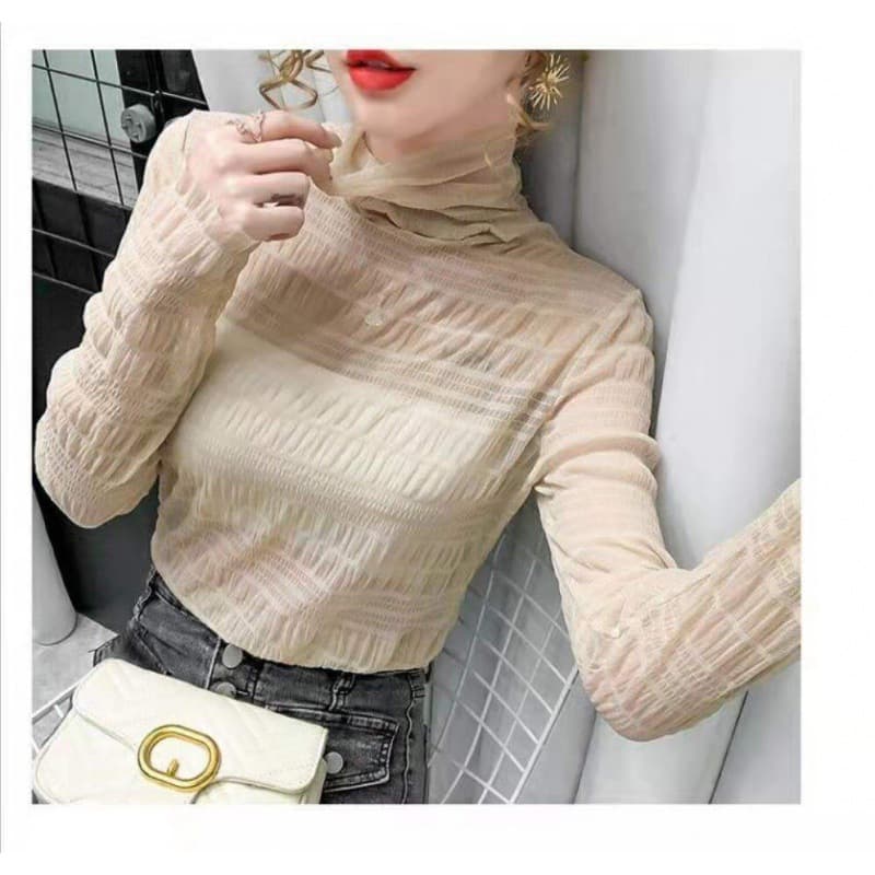 Bubble Lace Stacked Neck Base Layer Shirt for Women, Autumn/Winter Stylish Inner Wear Sexy Thickened Long-Sleeve Slimming Mesh Top