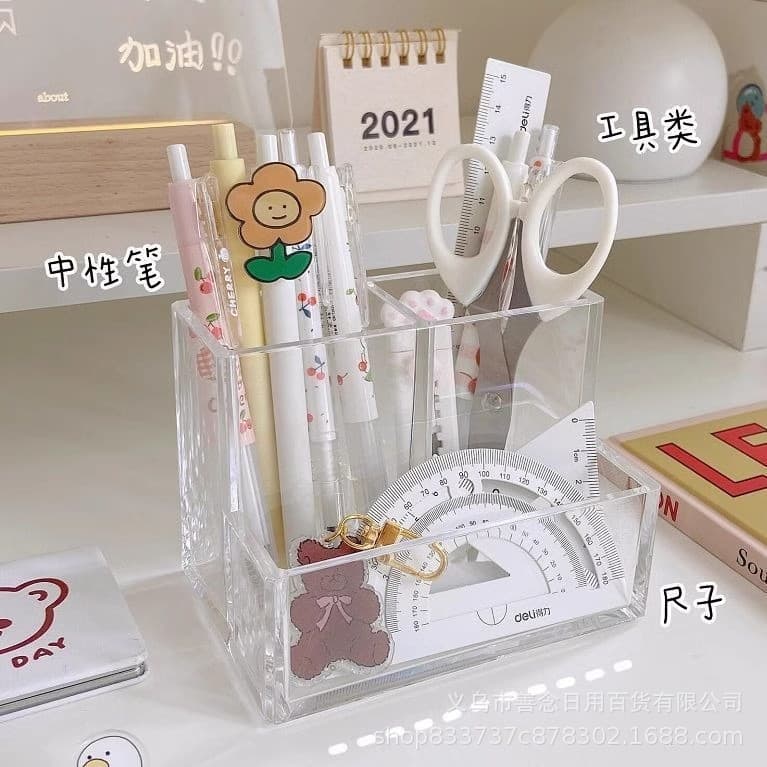 Ins style desk transformation-simple acrylic transparent three-compartment pen holder student desktop light luxury multi-functional storage box