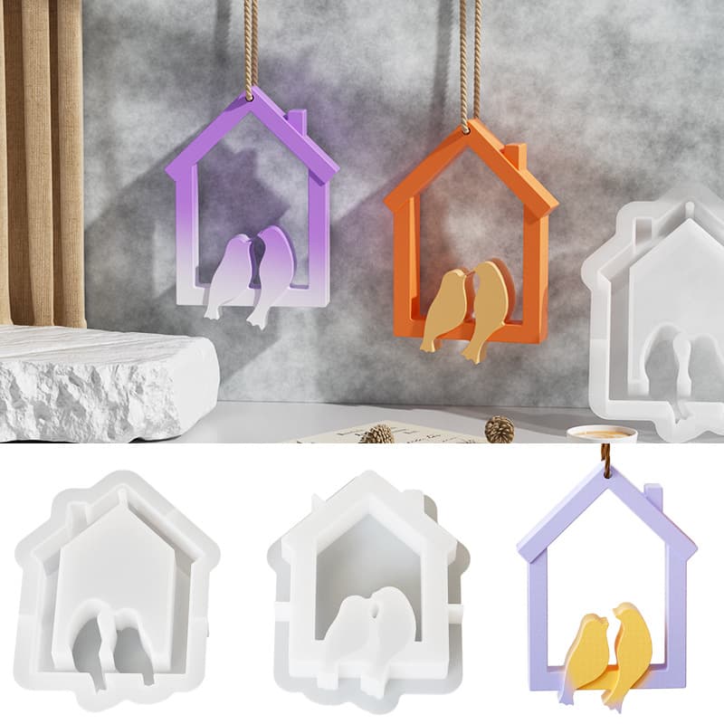 Creative hollow hanging sign diy glue resin mirror house bird hanging plaster ornaments hanging silicone mold
