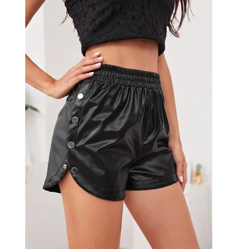 814 # European and American Side Button Pu Leather Shorts Aliexpress Ebay Export High Waist Pure Color Slit Shorts