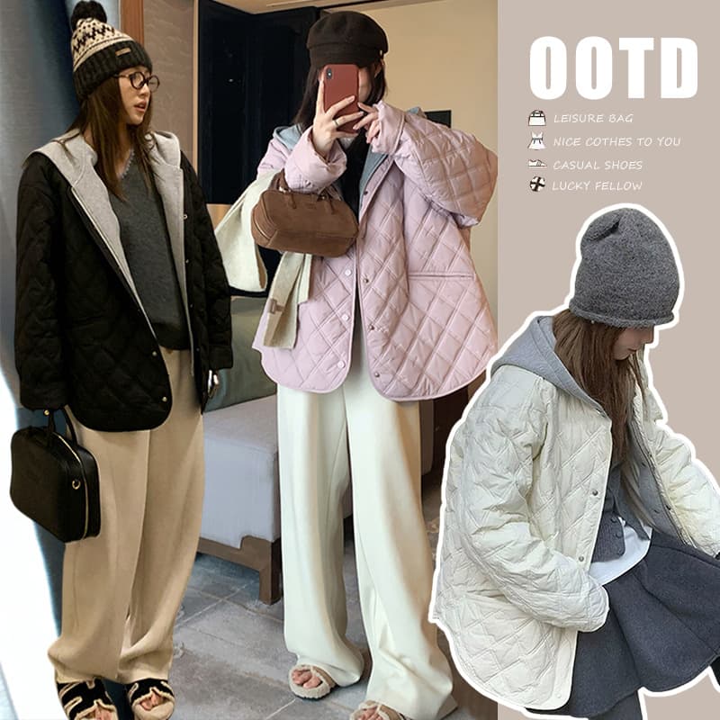 In Stock Winter New Style Fake Two-Piece Hooded Loose Diamond Pattern Lightweight Cotton Jacket