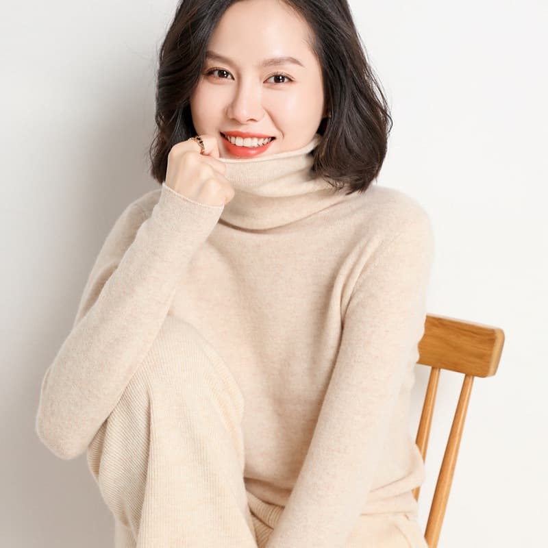 New 100% Pure Wool Sweater with Rolled Neck, Versatile Solid Color Warm Knit Top, High Neck Base Layer for Women