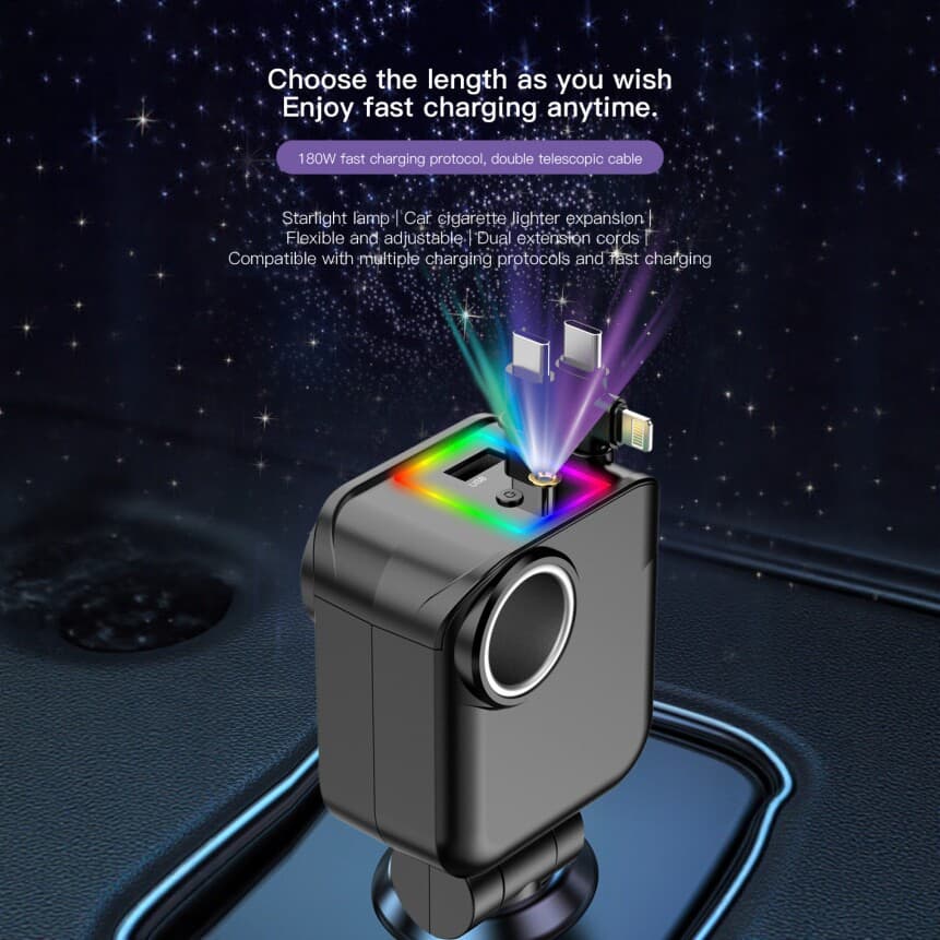 Car cigarette lighter car charger one holder three chargers with starry sky light fast charging