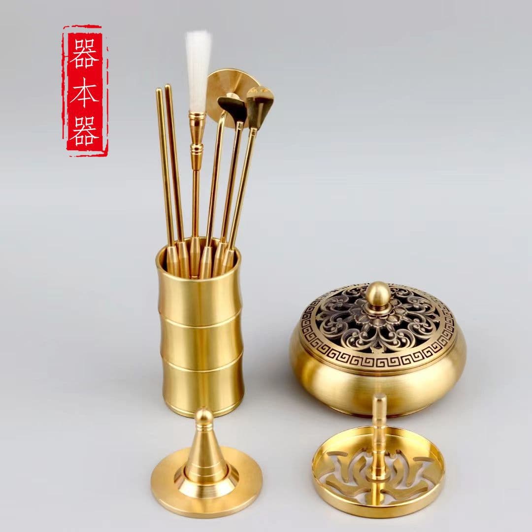 Brass Incense Seal Tool Starter Kits Wholesale: Seven-Piece Set with Incense Shovel, Spoon, Ash Press, Brush, and Sealing Stamp