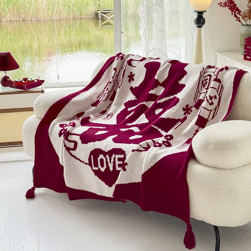 National Trend Style Wedding Hundred Happiness Cover, Wine Red Hundred Blessings Blanket, Office Shawl, Gift for Cross-Border Trade