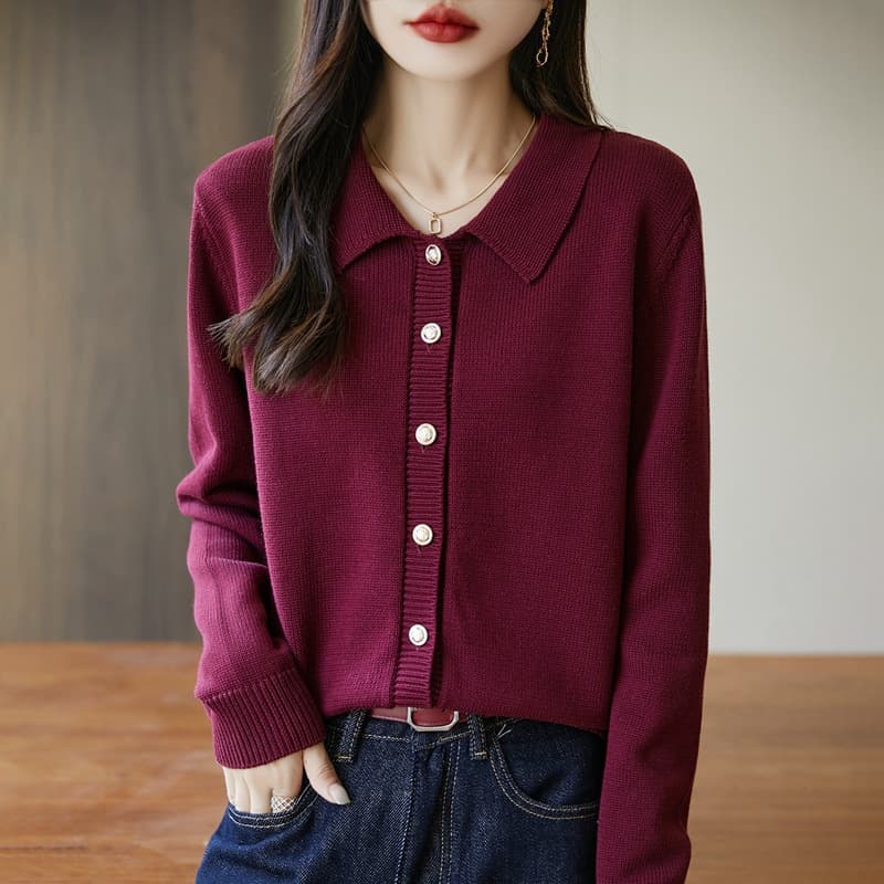 100 pure cotton knitted cardigan women's POLO collar autumn and winter new outer sweater loose cotton line shirt collar top