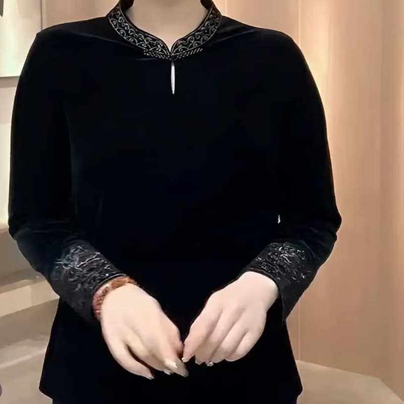 Mom Auspicious Cloud Embroidery Water Drop Collar Gold Velvet Top Spring Autumn Middle-Aged and Elderly Women's Wear Long Sleeve Base Layer Shirt Top T-Shirt