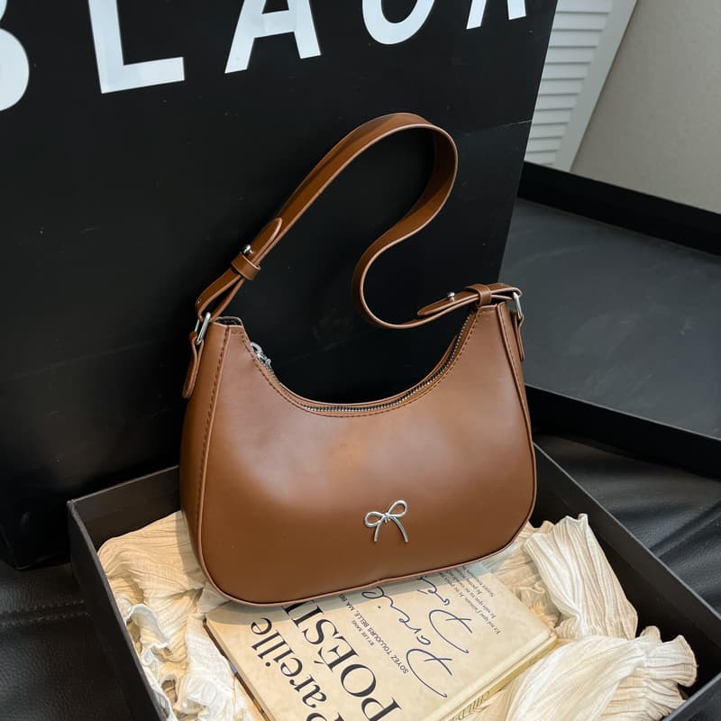 New Fashion Solid Color Textured Small Bag for Women 2025 Summer Casual Bow Handbag Shoulder Underarm Crescent Bag
