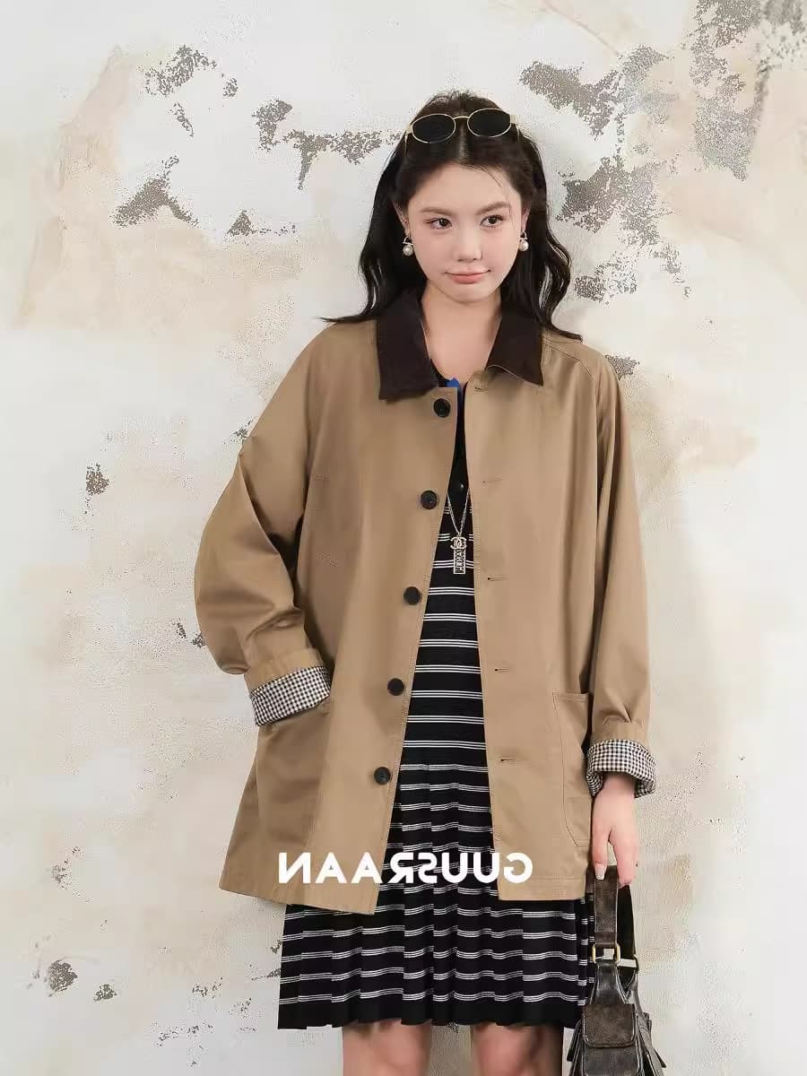 Xiaohe Jiayuan Factory Yarn! 2024 Autumn New High-Density Twill Cotton Turn-Down Collar Single-Breasted Jacket Trench Coat for Women