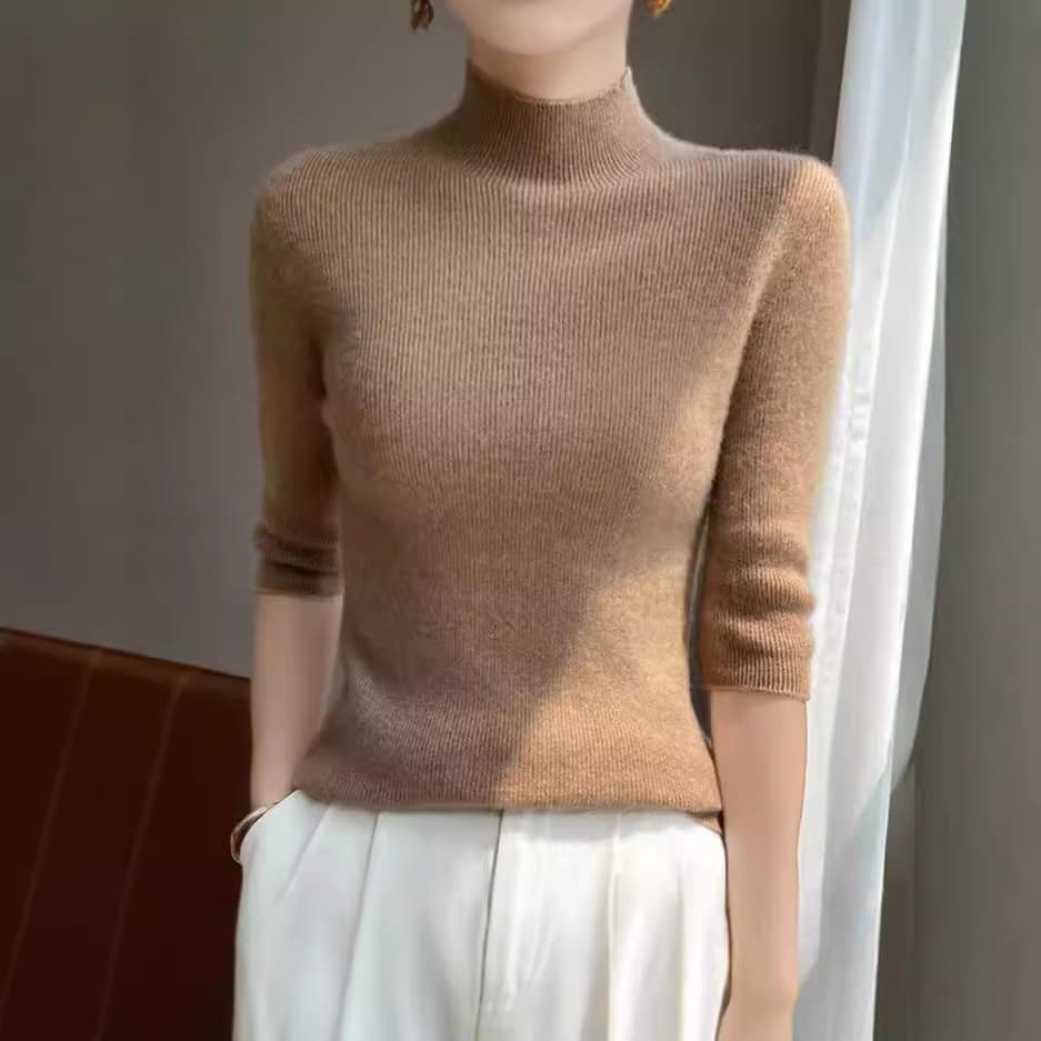 Qinghe Autumn/Winter New Knit Sweater for Women, Three-Quarter Sleeve, Semi-Turtleneck, Ribbed Base Layer, Seamless Knit, Andi Fleece Wool Sweater