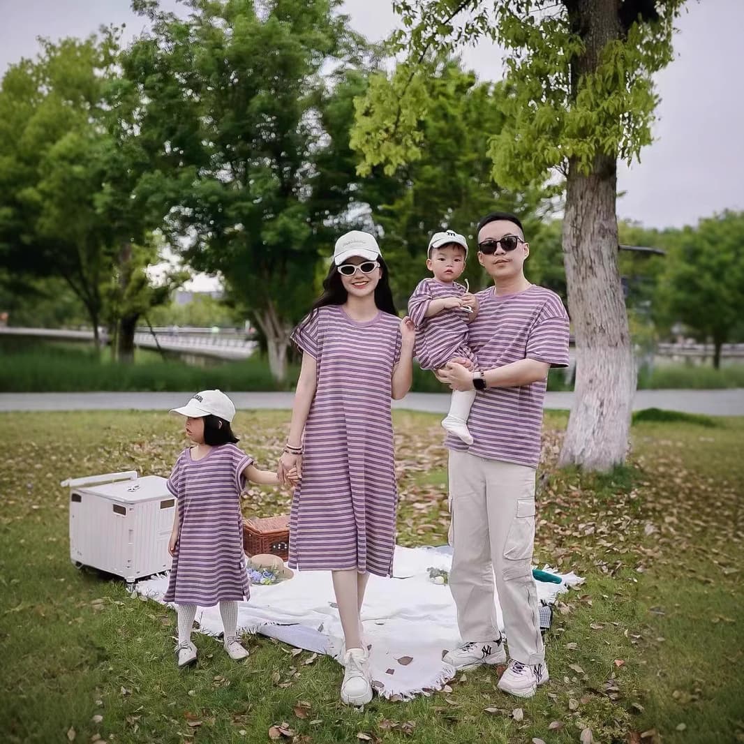 Baby Summer Outfit Striped Short Sleeve Romper And Shorts Set for Boys And Girls Matching Parent-Child Clothing Purple Striped Dress